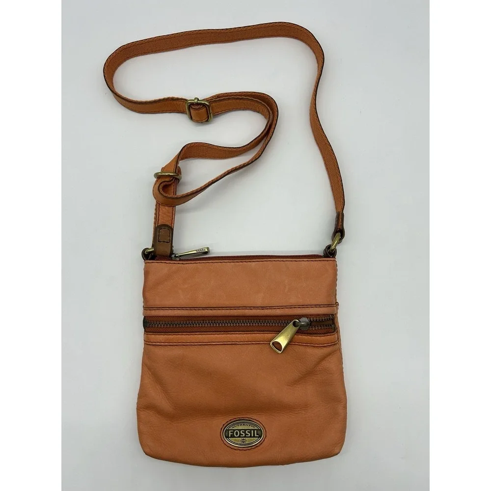 Vintage Fossil Leather Crossbody Bag Orange Pebbled Square Multi Zip Boho Hippie